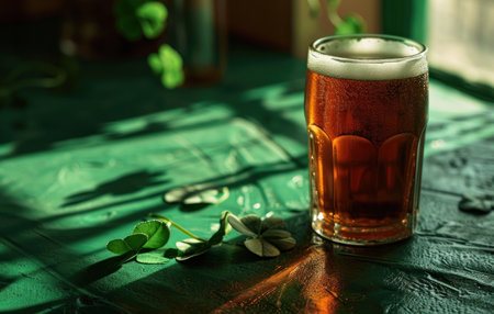 an irish beer with two clover leaves sitting on a green table.の素材