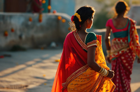 an Indian woman walking with an Indian woman in bright colors.の素材