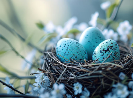 blue easter eggs are in the nest easter.の素材