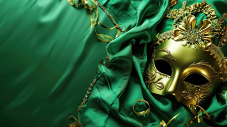 Golden Venetian mask on green silk background. 3d illustrationの素材