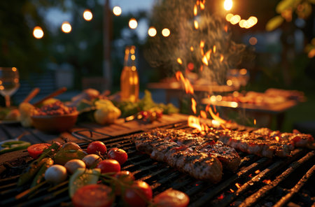barbecue at the party, outdoor on the grill, night lighting, dinner at home.の素材