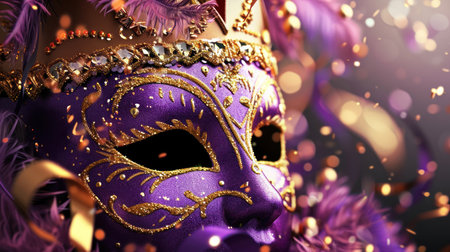 Venetian mask with feathers and sparkles. 3d illustration.の素材