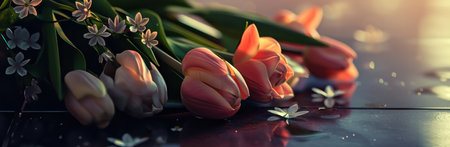bouquet of tulips on dark surface.の素材