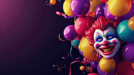 Mardi gras mask and colorful balloons on black background. 3d illustrationの素材
