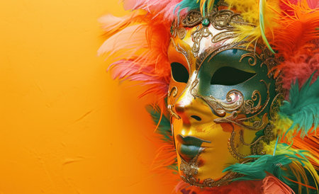 colorful mask on orange background with colorful feathers.の素材
