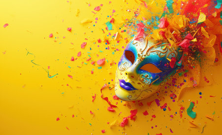 colorful carnival mask on the yellow background.の素材