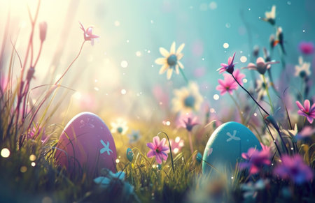 color easter eggs flying above colorful grass and flowers.の素材