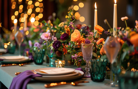 colorful wedding table settings with candles.の素材
