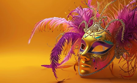 colorful mask on orange background with colorful feathers.の素材