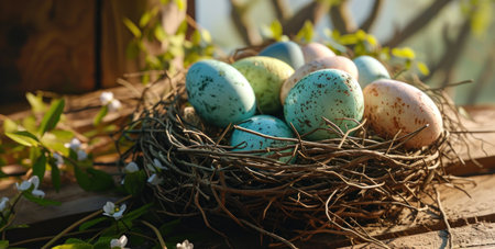 colorful easter eggs in a nest on a wooden table.の素材