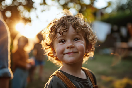 cute boy with smile standing in the outdoors with friend.の素材