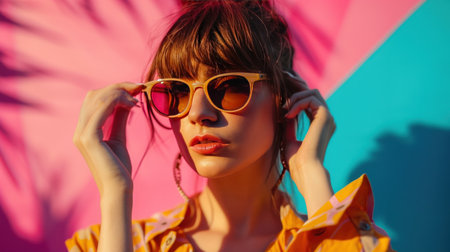 fashion designer slender woman holding sunglasses on a colorful background.の素材