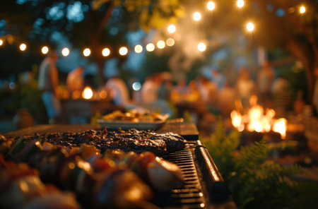 grilling at an outside party with people around.の素材