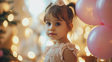 little girl celebrating her birthday with balloons.の素材