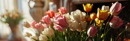 pink, yellow and white tulips are sitting next to the fireplace,.の素材