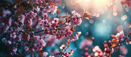 pink flowers and flowers appear on the edge of the frame.の素材