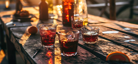 outdoor cocktail table with small cups and several liquid drinks.の素材