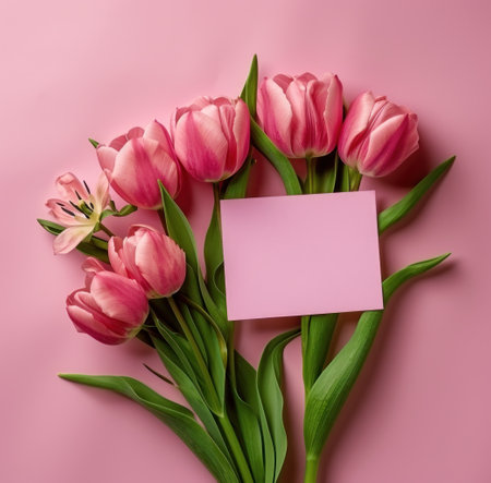 pink tulips with a card on top on pink background.の素材