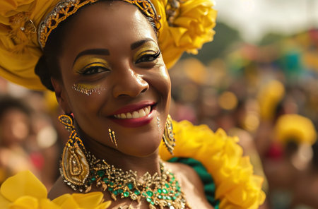 portrait of beautiful woman smiling at camera on carnival day samba event.の素材