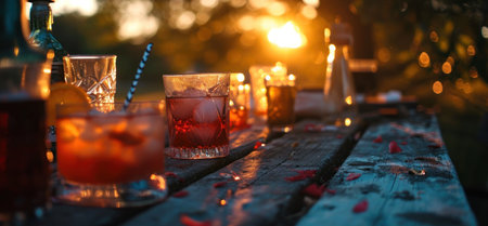 outdoor cocktail table with small cups and several liquid drinks.の素材