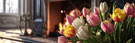 pink, yellow and white tulips are sitting next to the fireplace,.の素材