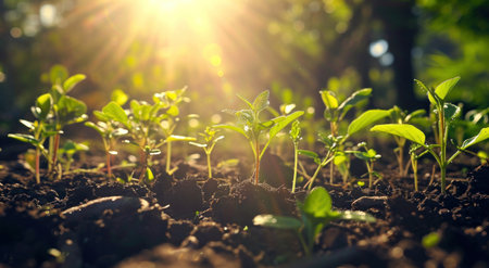 seedlings growing near soil.の素材