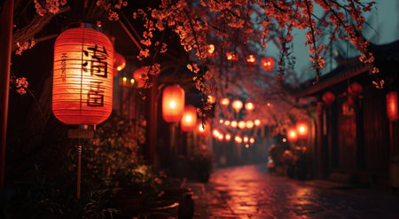 red lantern hanging from the street at night.の素材