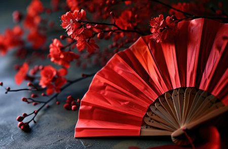 red paper fan with red blooms, easter.の素材