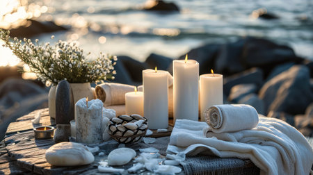 spa table full of towels and white candles.の素材