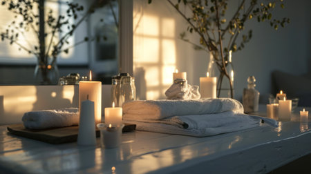 spa table full of towels and white candles.の素材