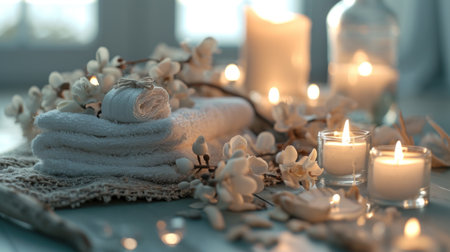 spa table full of towels and white candles.の素材