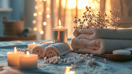 spa table full of towels and white candles.の素材