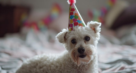 small white dog wearing birthday hat.の素材