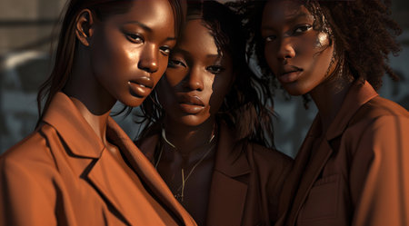 three females with brown suits look at the camera,.の素材