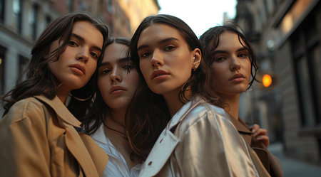 three brunette women posing in the street.の素材