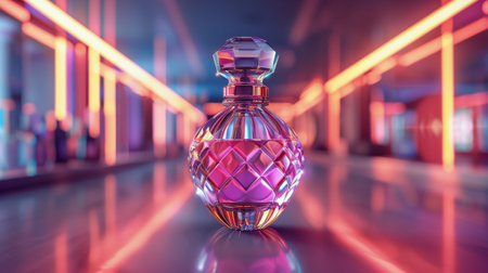 A pink perfume bottle placed on top of a wooden table.の素材