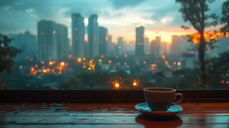 A cup of coffee sits on a wooden table, casting a shadow in a well-lit room.の素材