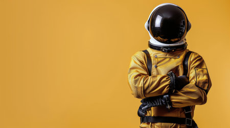A male astronaut in a space suit standing in front of a vibrant yellow and red background.の素材