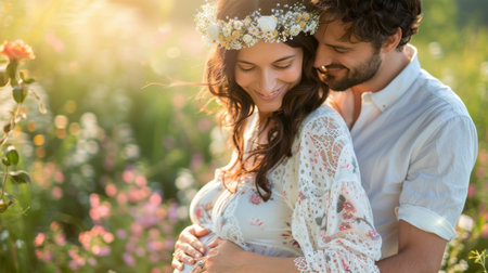 A man and a woman are standing together in a field filled with colorful flowers, under a clear blue sky.の素材