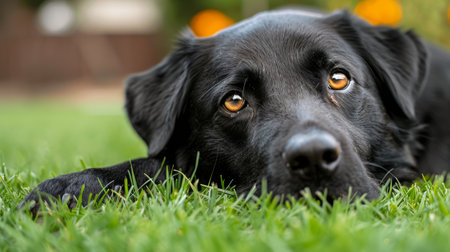 Close-up of a dog relaxing on the grass.の素材