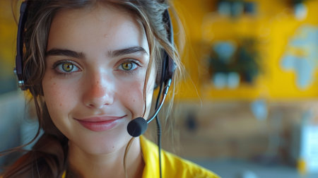 A woman wearing a headset smiles at the camera.の素材