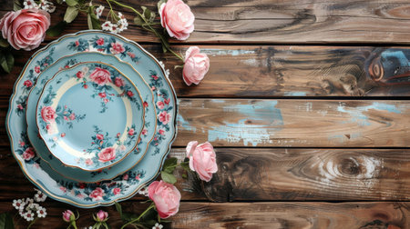 A table displaying an assortment of plates and bowls filled with vibrant flowers, creating a colorful and inviting centerpiece for a special occasion.の素材