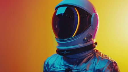 A male astronaut in a space suit standing in front of a vibrant yellow and red background.の素材
