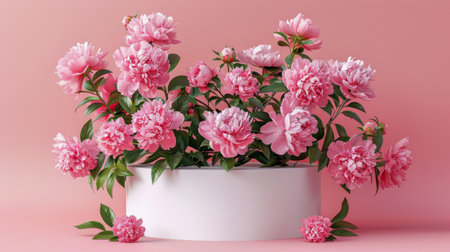 A cluster of pink flowers arranged neatly on a white table.の素材