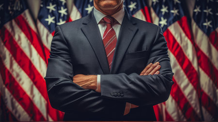 A professional man wearing a suit and tie, standing in front of a desk.の素材