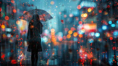 A person is standing outdoors in the rain holding an umbrella.の素材