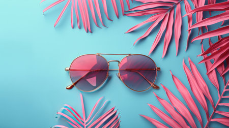 A pair of sunglasses resting on a wooden table.の素材