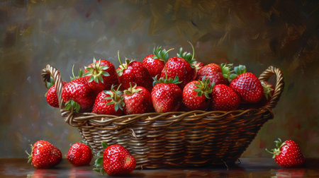 A painting depicting ripe strawberries placed neatly in a woven basket, showing vibrant colors and detailed brushwork.の素材