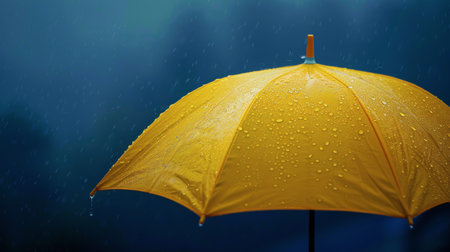 A yellow umbrella covered in rain droplets.の素材