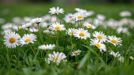 A field of white daisies blooming among green grass on a sunny day.の素材